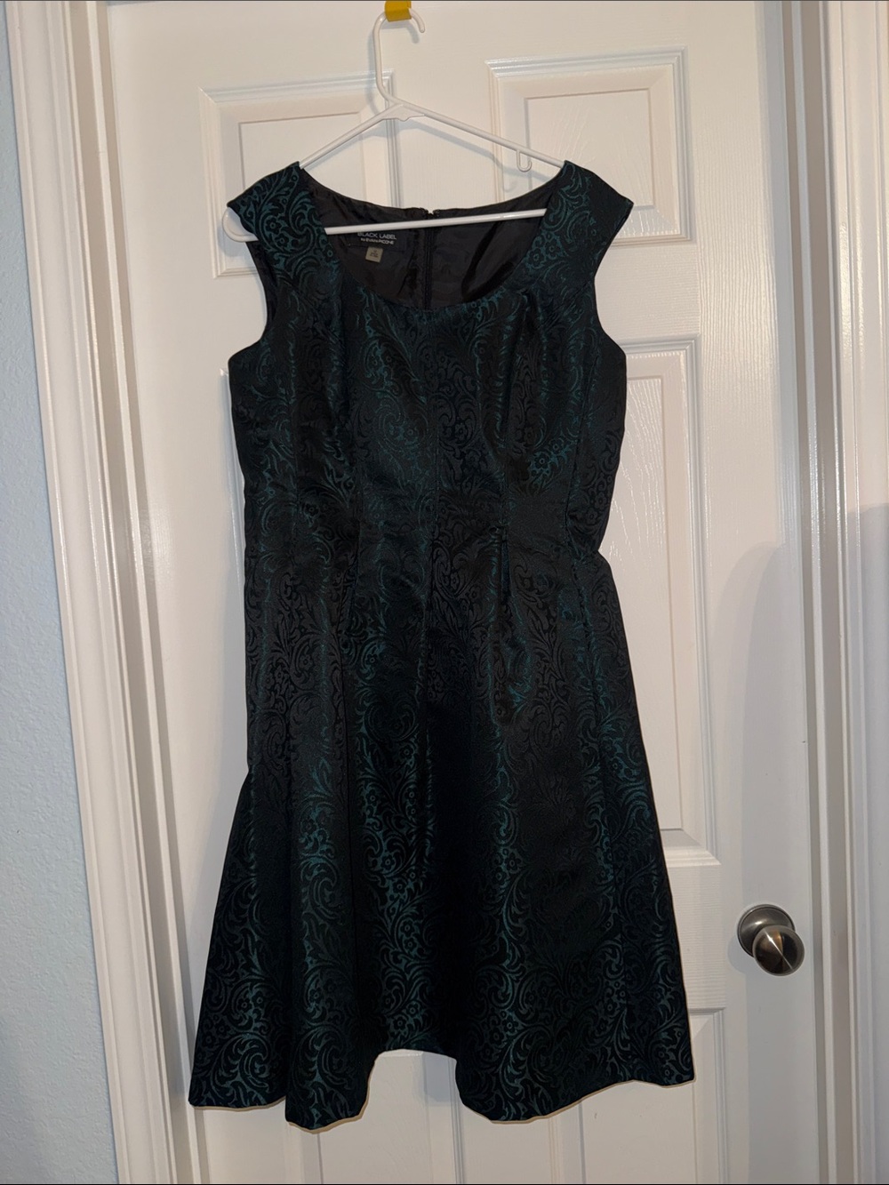 Jacquard Scoop-Neck Fit & Flare Mini Dress in Dark Green and Black